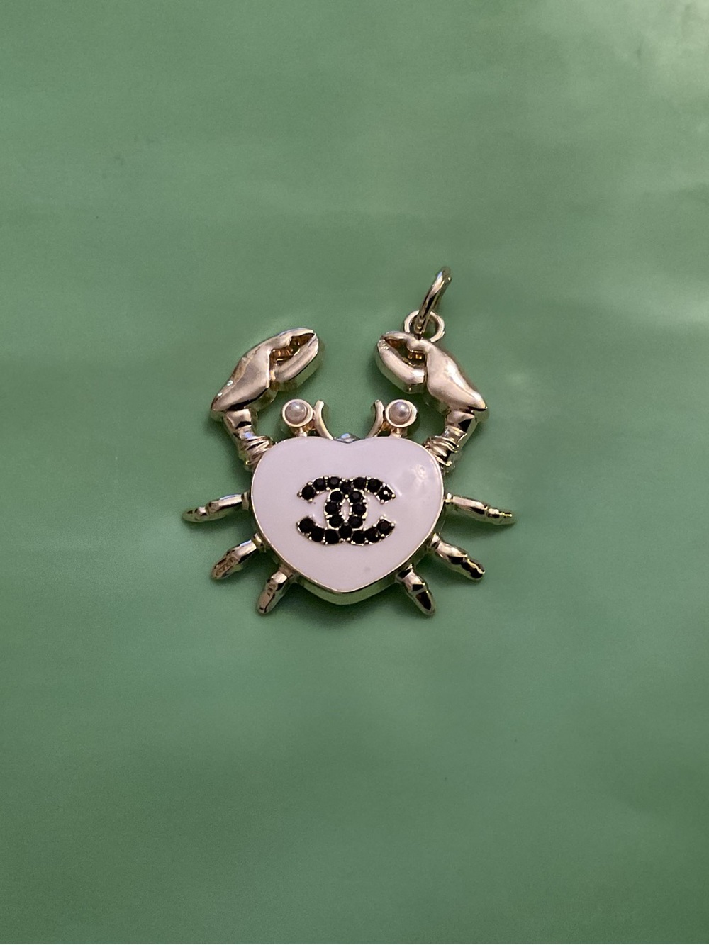 Chanel White Heart Crab Charm/Pendant CC Crystal Pearl Sil. Tone Made in France